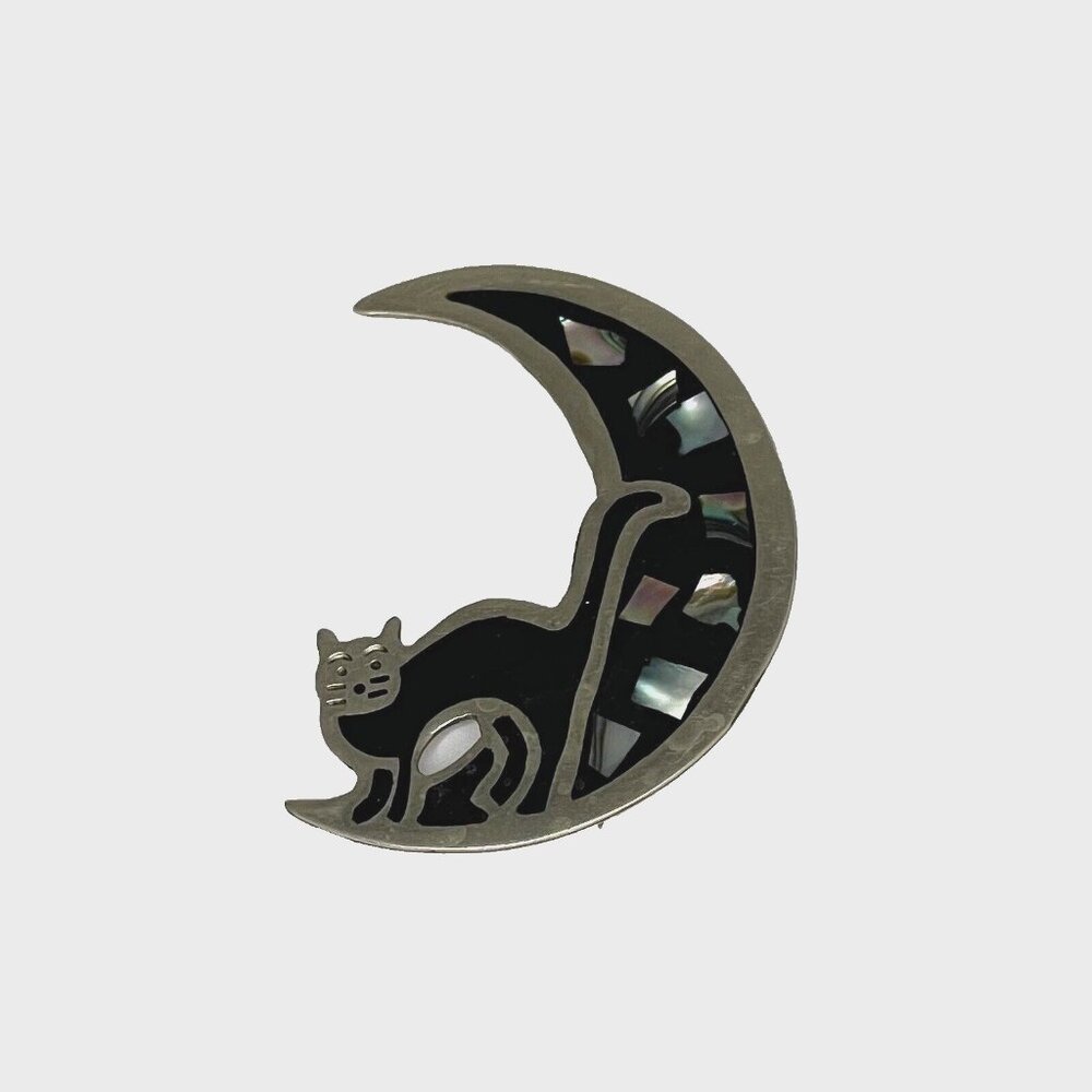 Vintage Cat on Moon Alpaca Silver MEXICO Enamel with Inlaid Abalone Shells 2" h